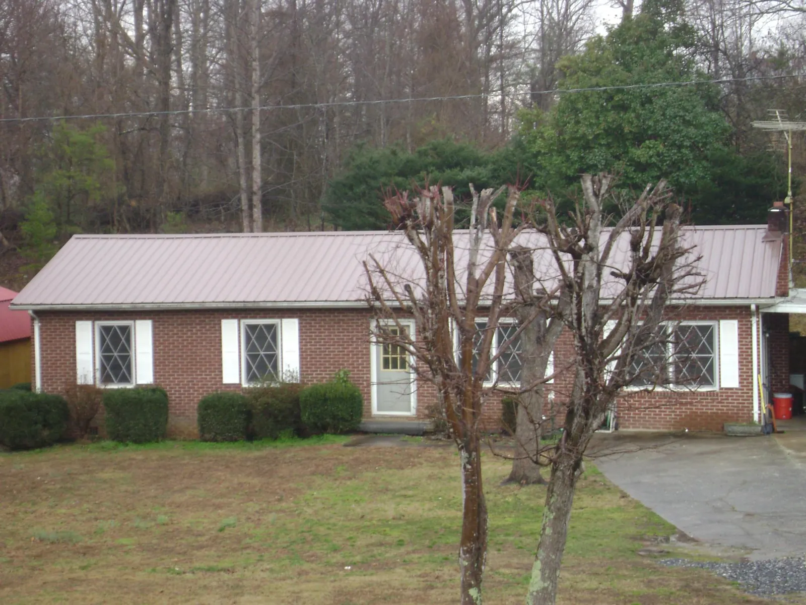 Mauve metal roof on a brick ranch home behind bare trees in Barnett