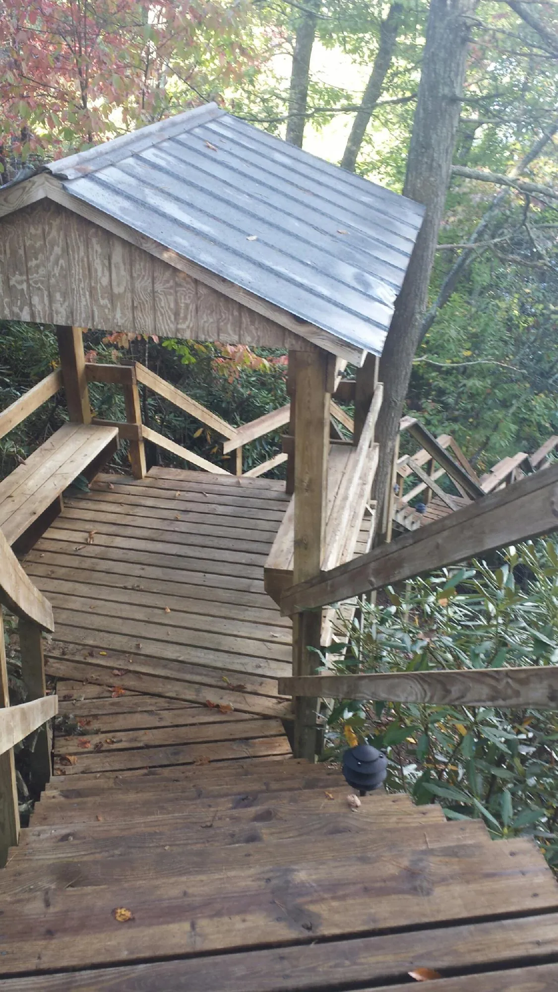 Metal roofed shelter over wooden steps on a wooded walkway — Skylight Repair & Installation work by our crew in Barnett